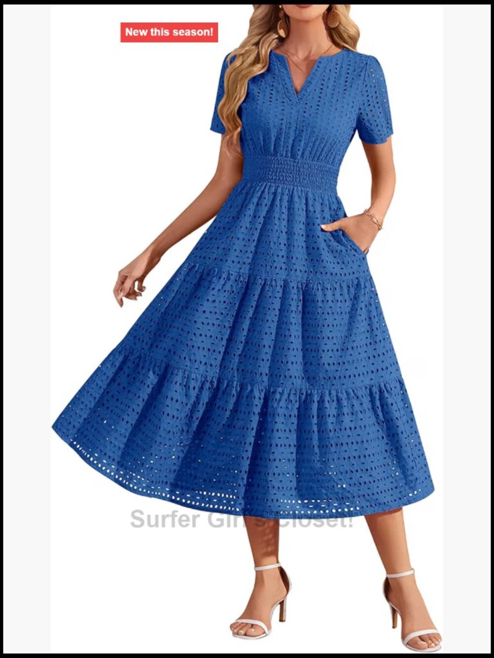 Women's Eyelet Midi Dress V Neck Smocked Waist A Line